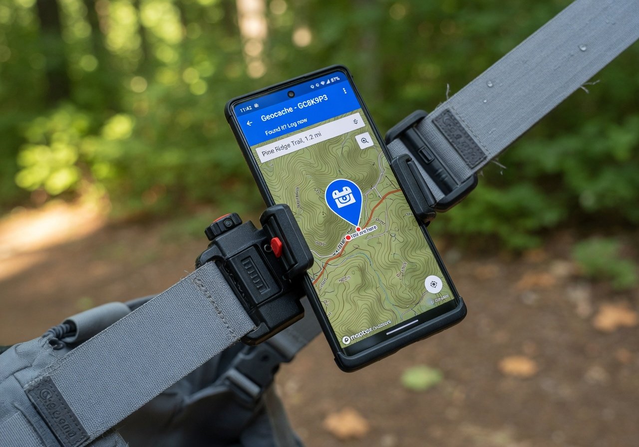 Close-up of backpack strap phone mount clamped to hiking pack shoulder strap with geocaching GPS app on screen