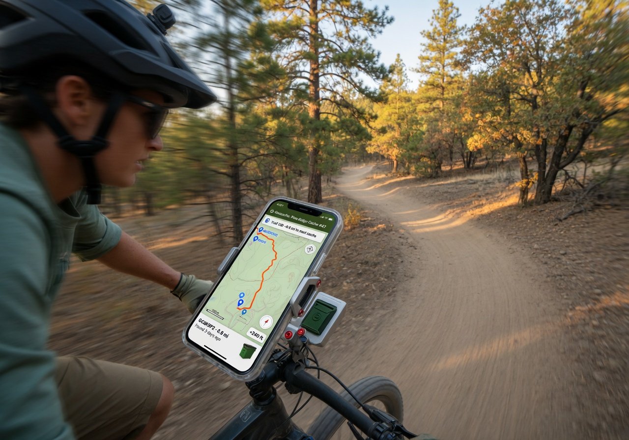 Mountain biker on dirt trail with smartphone on handlebar out-front bike phone mount showing geocaching route map