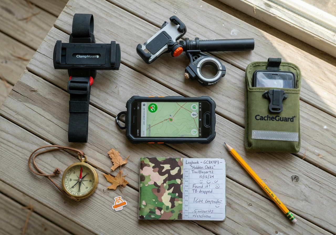 Flat-lay of geocaching gear including backpack strap mount, bike phone mount, waist pack, rugged smartphone, compass, and logbook