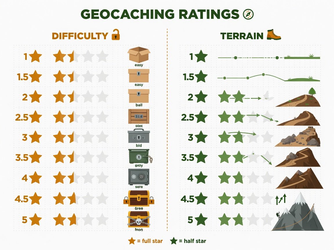 Geocaching difficulty and terrain rating chart showing the official 1 to 5 star scale with descriptive icons