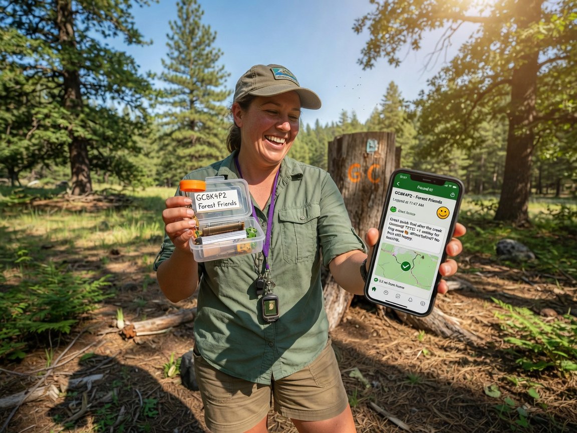 Smiling geocacher logging a found cache on a smartphone at ground zero in a sunny forest clearing