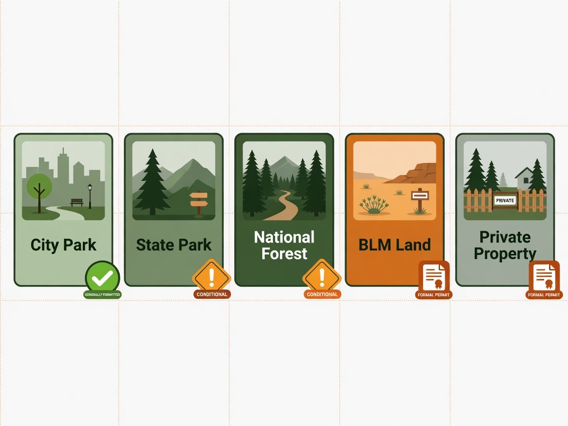 Flat design infographic showing geocaching permission rules by land type in the United States
