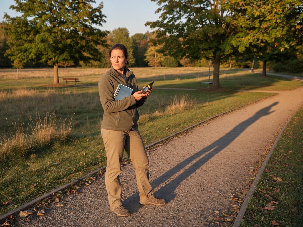 Geocacher holding a GPS device while scouting a legal hide location in a public park