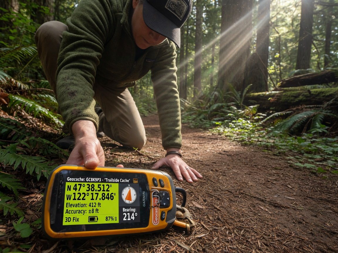 Person using GPS device to record coordinates for a new geocache hiding spot outdoors