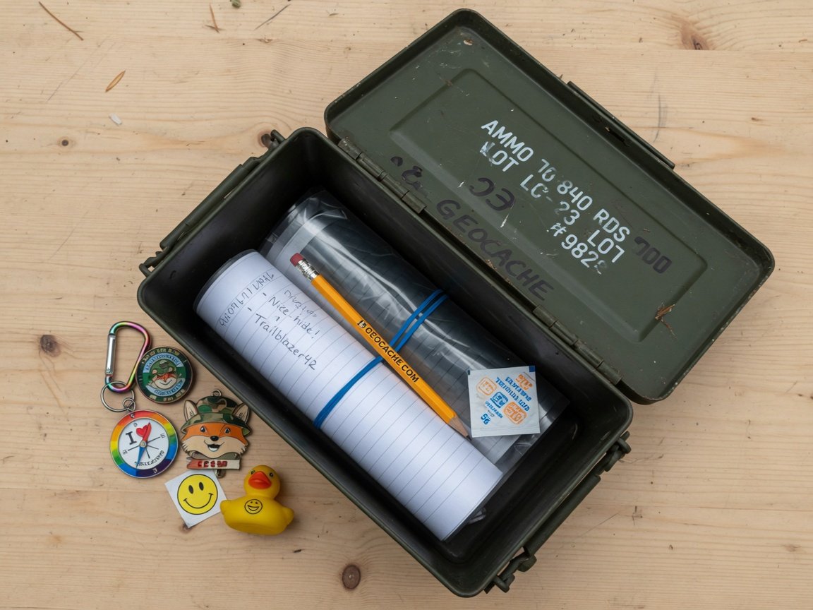 Open geocache ammo can with logbook, pencil, and trade items on a wooden surface