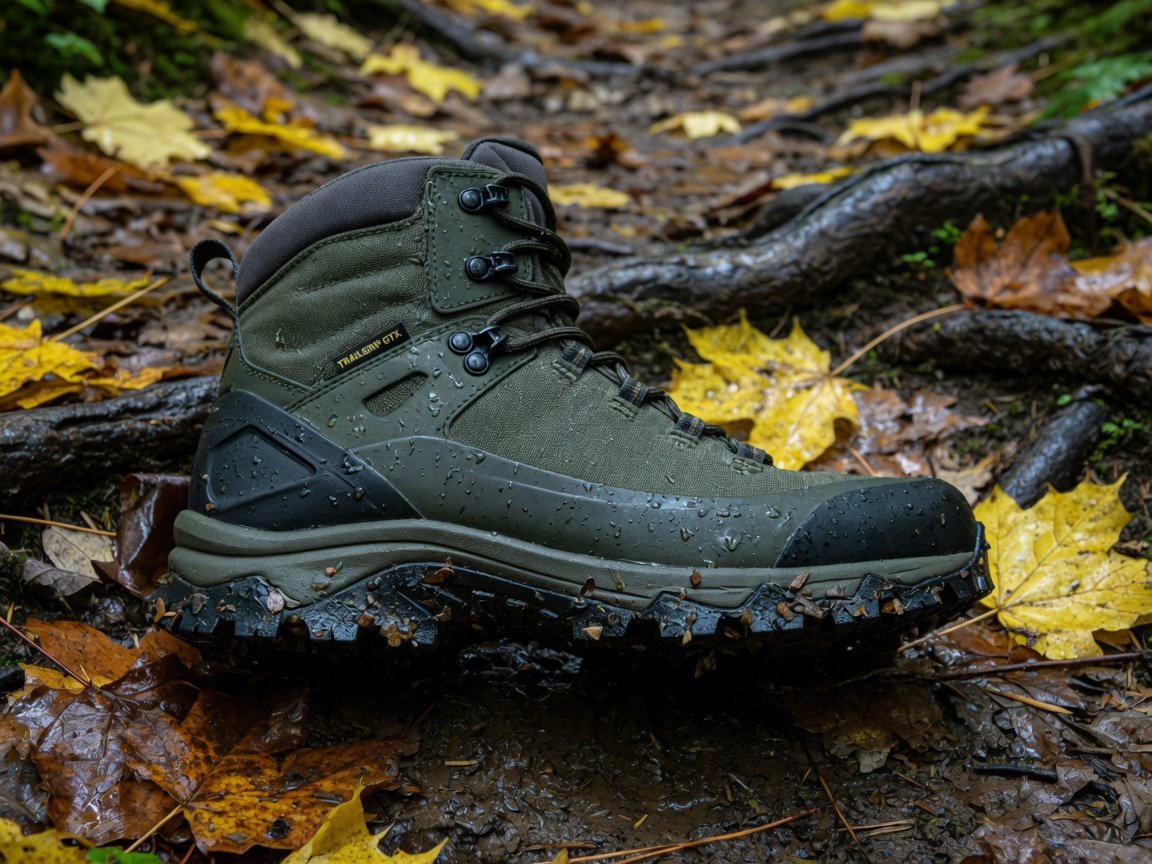 Close-up profile of a mid-cut waterproof hiking boot on a wet forest trail, deep lug sole visible, wet leaves and roots