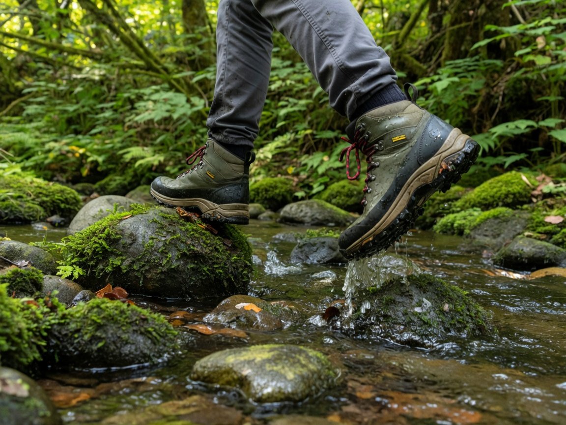 Hiker's feet in mid-cut waterproof hiking boots crossing a shallow woodland stream, mossy rocks visible, green forest