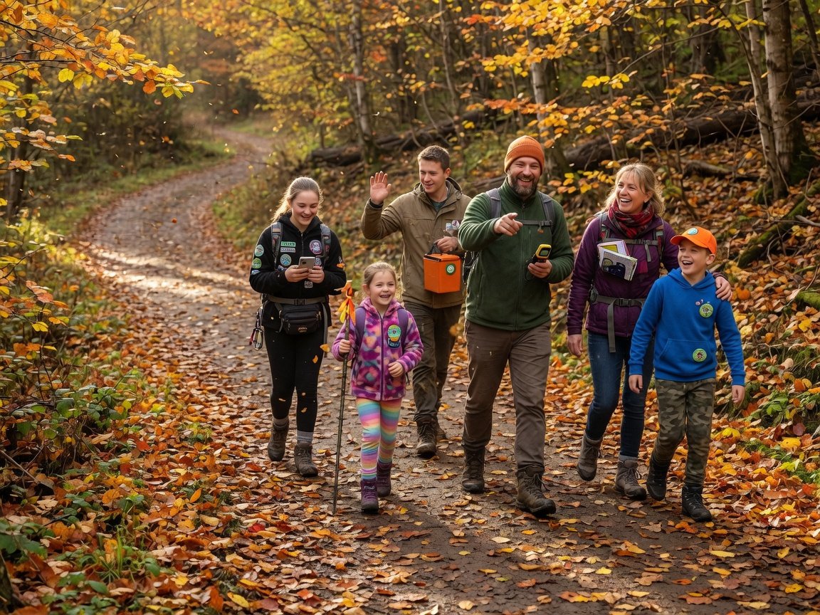 Family group of geocachers in hiking boots walking a leaf-covered autumn woodland trail, adults and children, smiling