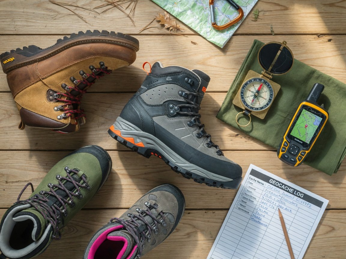 Overhead flat lay of several hiking boot styles arranged on a wooden surface alongside a compass, handheld GPS device