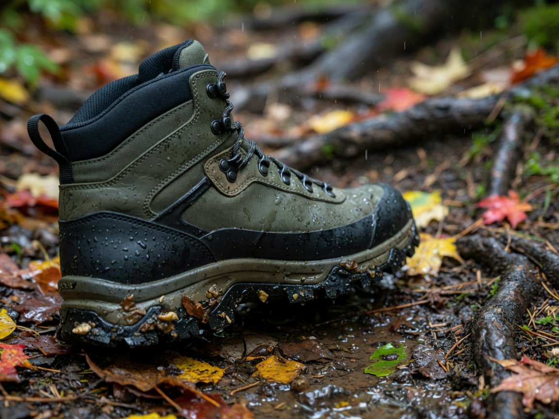 Close-up profile of a mid-cut waterproof hiking boot on a wet forest trail, deep lug sole visible, wet leaves and roots