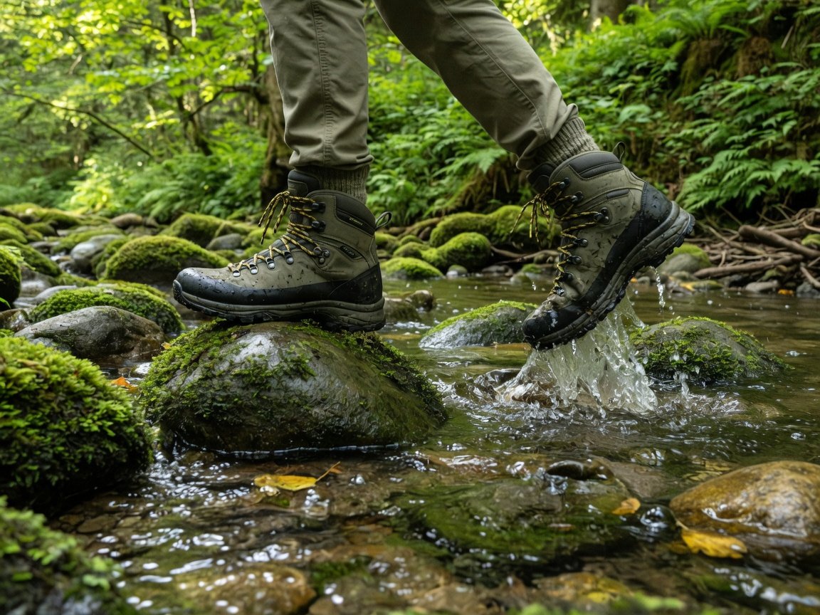 Hiker's feet in mid-cut waterproof hiking boots crossing a shallow woodland stream, mossy rocks visible, green forest