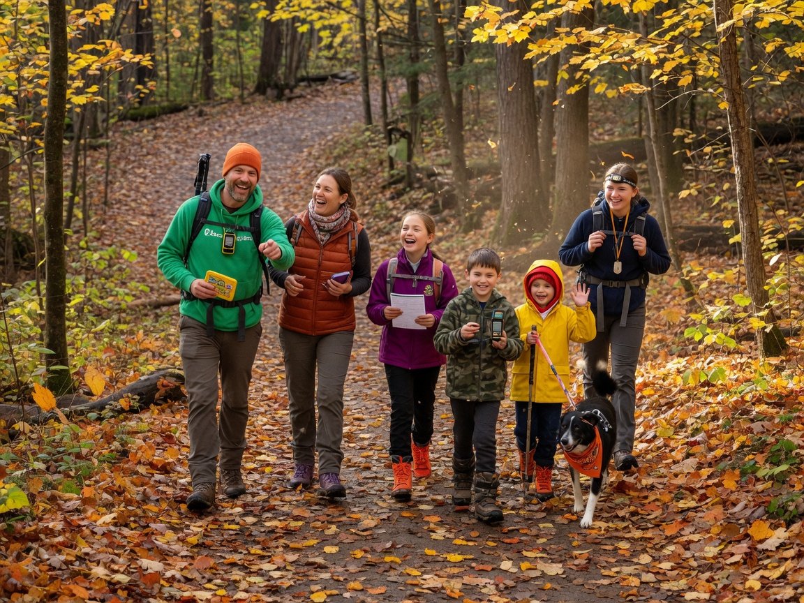 Family group of geocachers in hiking boots walking a leaf-covered autumn woodland trail, adults and children, smiling