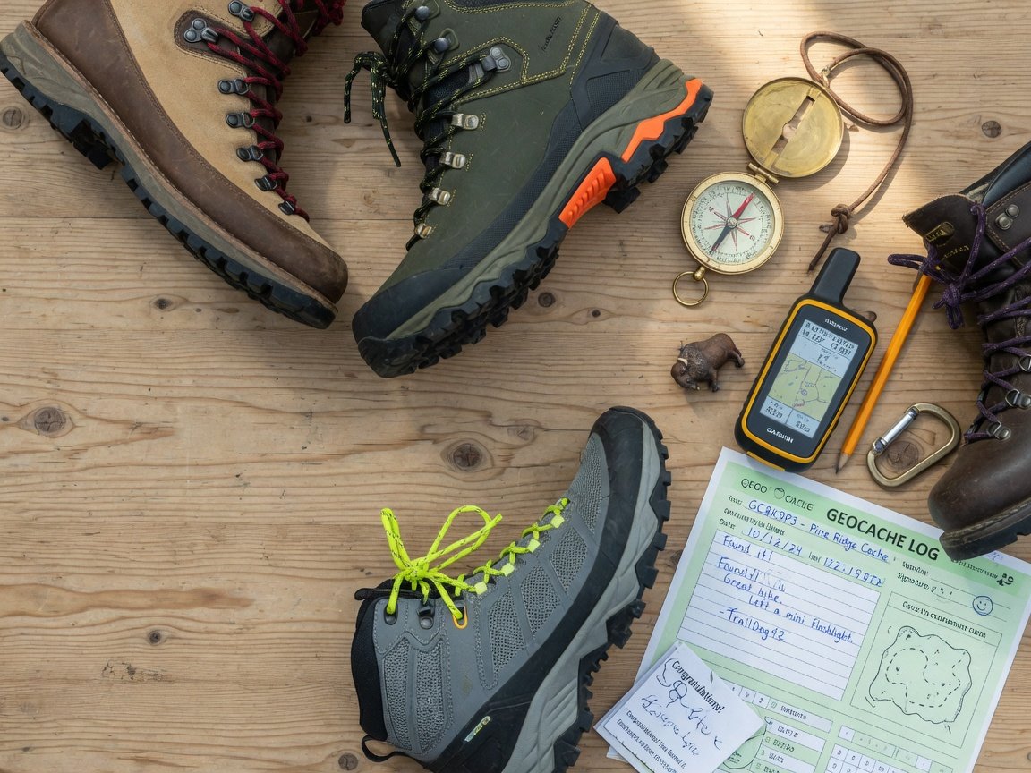 Overhead flat lay of several hiking boot styles arranged on a wooden surface alongside a compass, handheld GPS device