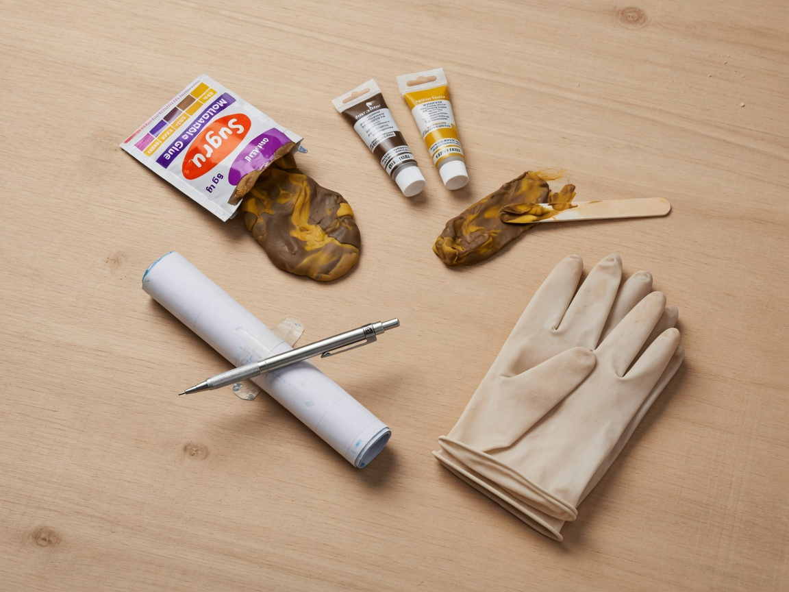 Geocaching booger cache crafting materials including Sugru putty, earth-tone acrylic paints, and nano log strip on a workbench