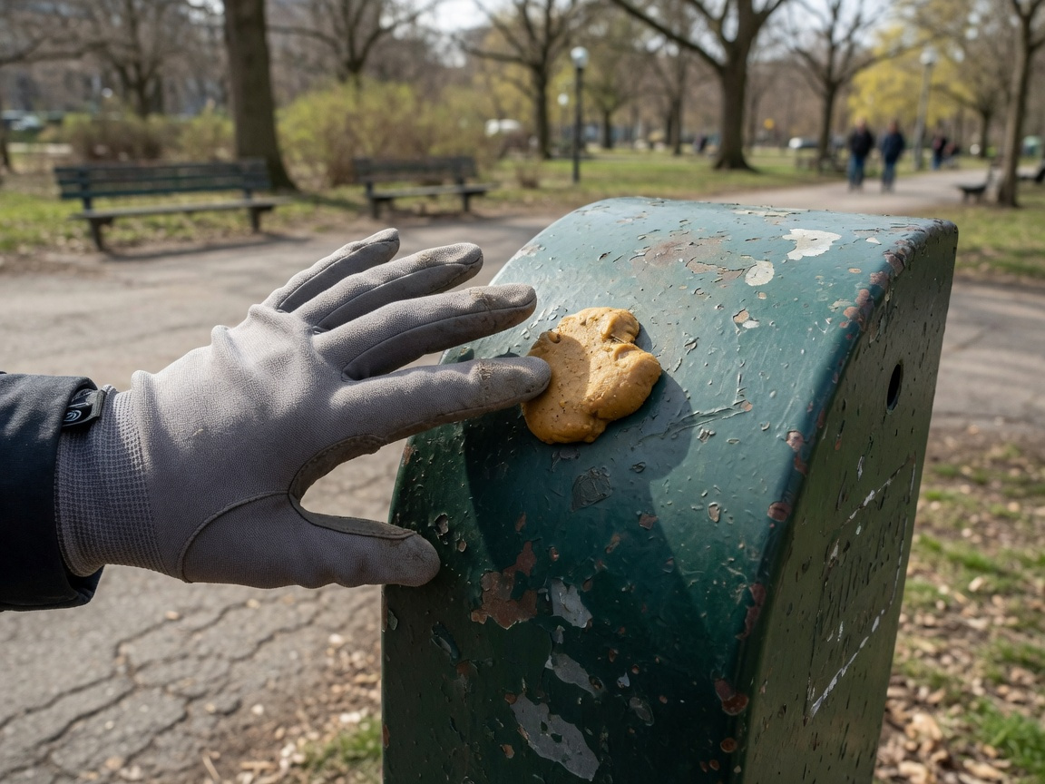 Geocacher's hand discovering a booger cache blob on the back of an urban metal signpost in a park setting