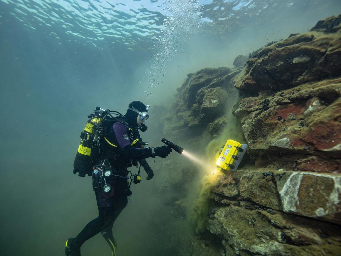 SCUBA diver searching for an underwater geocache container at a freshwater quarry dive site