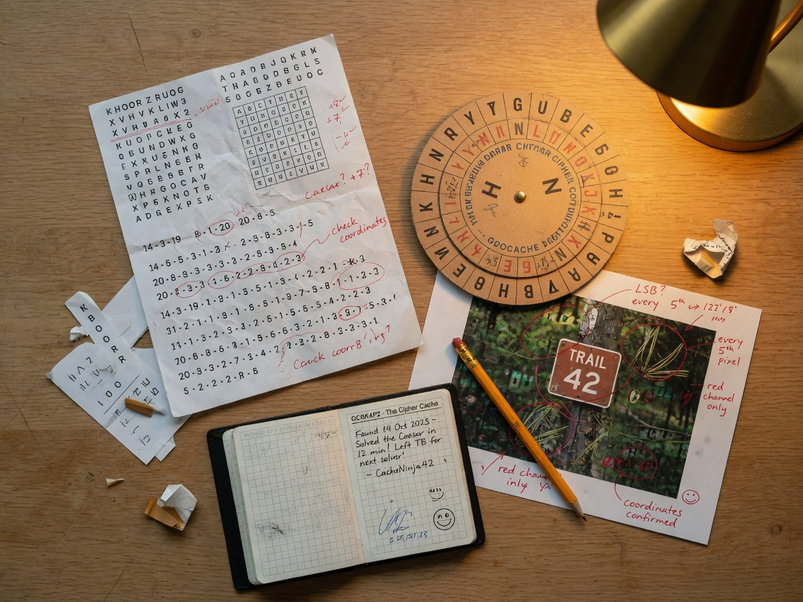 Geocaching puzzle with cipher wheels, coded paper, and a geocache logbook on a wooden desk